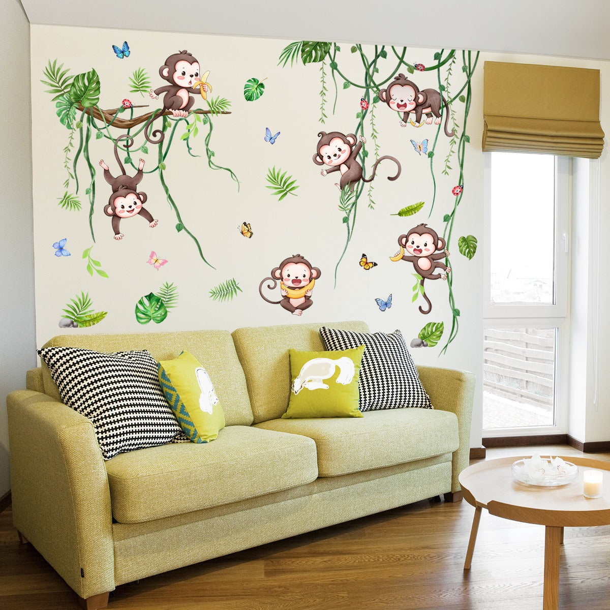 COVPAW Wall Stickers Cute Monkeys Tree Vines Kids Nursery Baby Children's Room Bedroom Deco Boy Girl, Self Adhesive, Removable and Waterproof