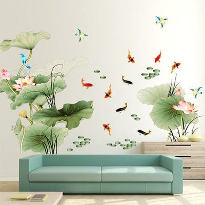 COVPAW Huge Wall Stickers Lotus Pond Fish Flower Pink Purple Home Decor Lobby All Room Decal Removable Living Room Bedroom Corridor Stair