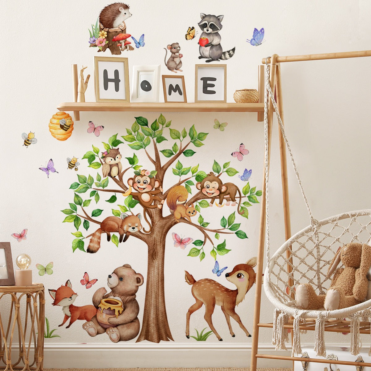 COVPAW Wandtattoo Wandaufkleber Zoo Großer Baum Affe Hirsch Bär Bienen Fuchs Eule Igel Waldtiere Kindergeschenk Wohnkultur Wohnzimmer Schlafzimmer Kinderzimmer Dekoration Wandbild Selbstklebend, Abnehmbar und Wasserfest