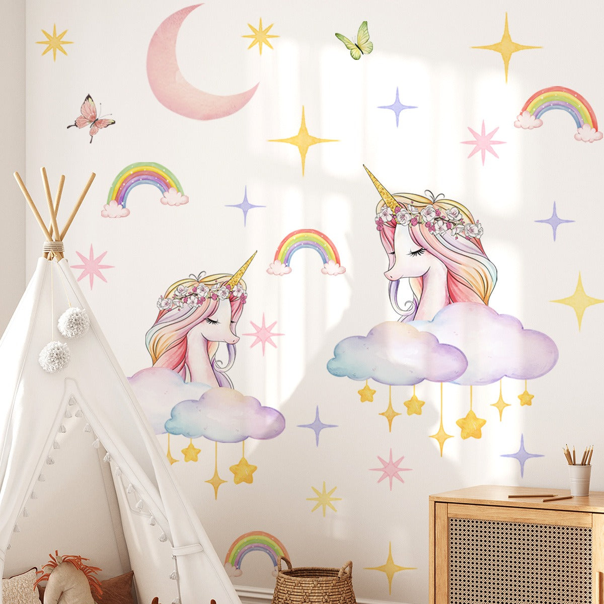 COVPAW Wall Stickers Unicorn Rainbow Star Sky Kids Nursery Baby Children's Room Bedroom Deco Boy Girl, Self Adhesive, Removable and Waterproof