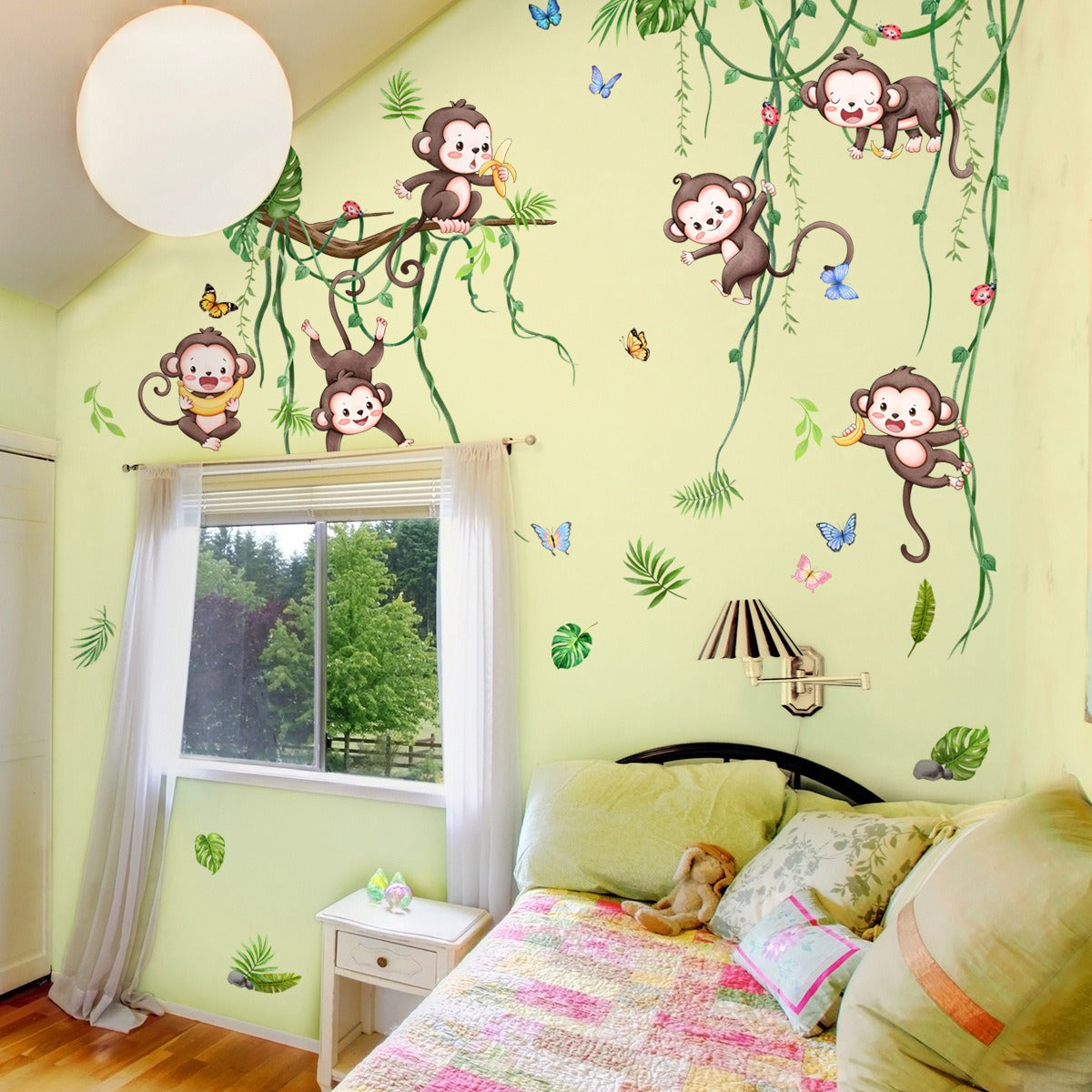 COVPAW Wall Stickers Cute Monkeys Tree Vines Kids Nursery Baby Children's Room Bedroom Deco Boy Girl, Self Adhesive, Removable and Waterproof