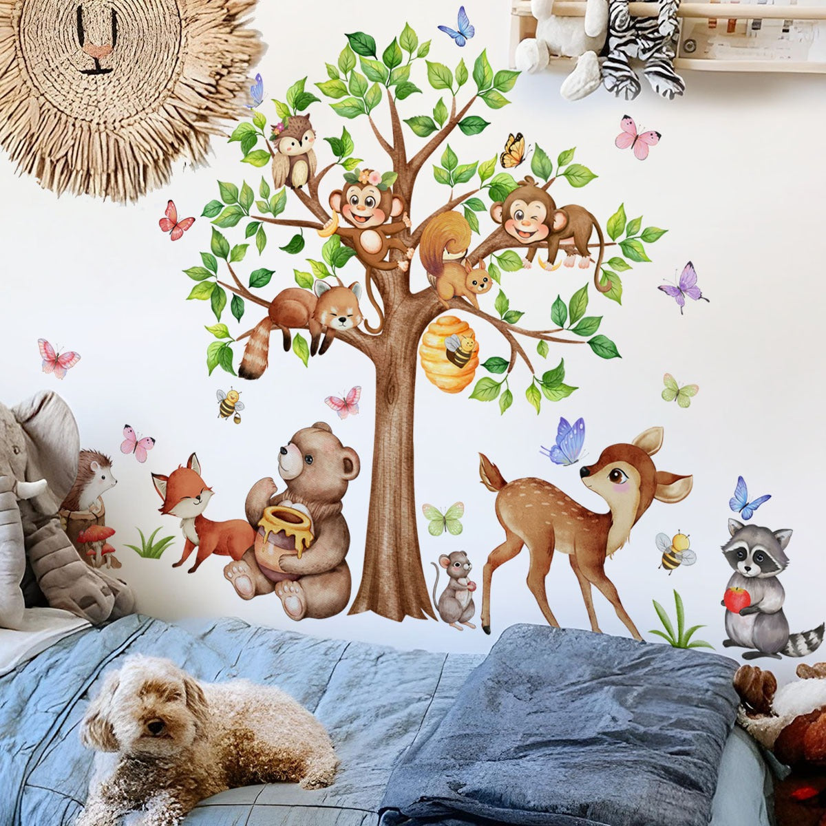 COVPAW Wandtattoo Wandaufkleber Zoo Großer Baum Affe Hirsch Bär Bienen Fuchs Eule Igel Waldtiere Kindergeschenk Wohnkultur Wohnzimmer Schlafzimmer Kinderzimmer Dekoration Wandbild Selbstklebend, Abnehmbar und Wasserfest