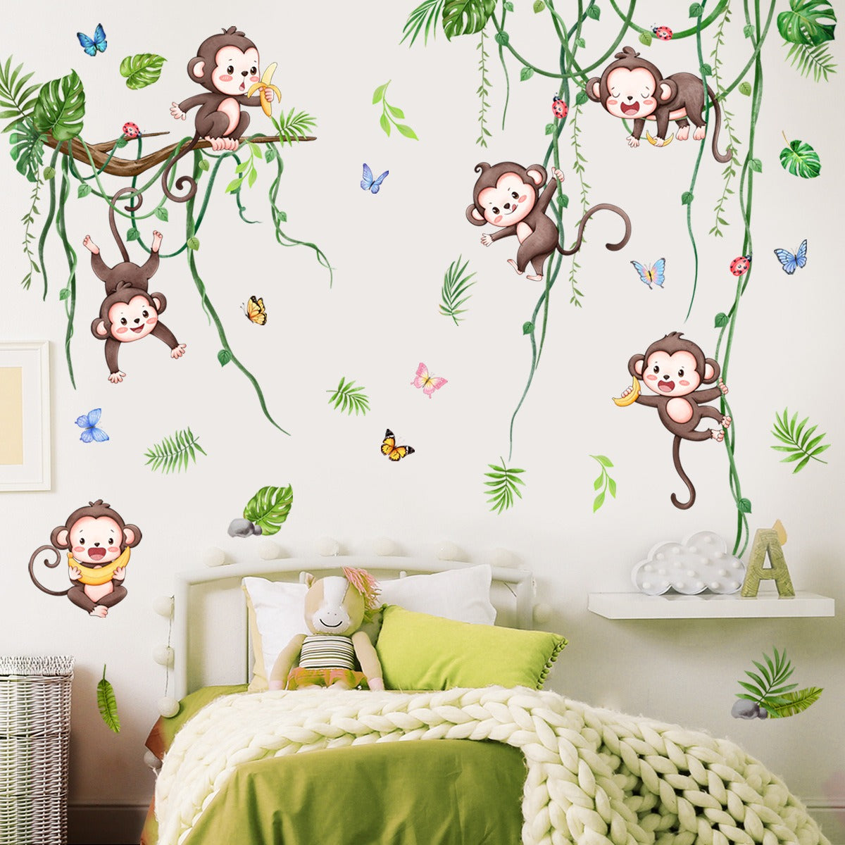 COVPAW Wall Stickers Cute Monkeys Tree Vines Kids Nursery Baby Children's Room Bedroom Deco Boy Girl, Self Adhesive, Removable and Waterproof