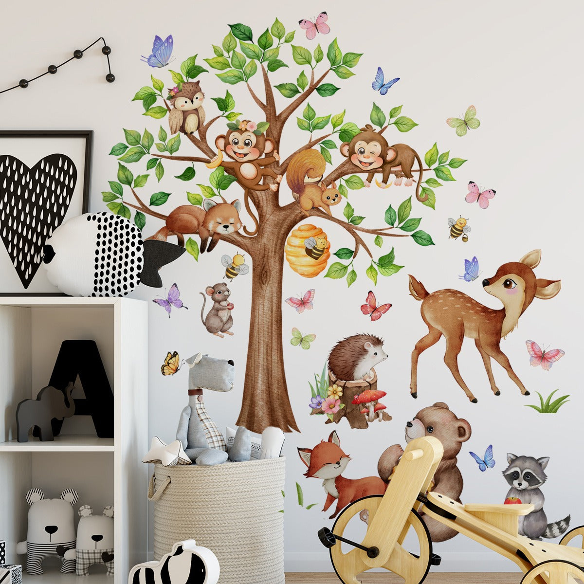 COVPAW Wandtattoo Wandaufkleber Zoo Großer Baum Affe Hirsch Bär Bienen Fuchs Eule Igel Waldtiere Kindergeschenk Wohnkultur Wohnzimmer Schlafzimmer Kinderzimmer Dekoration Wandbild Selbstklebend, Abnehmbar und Wasserfest