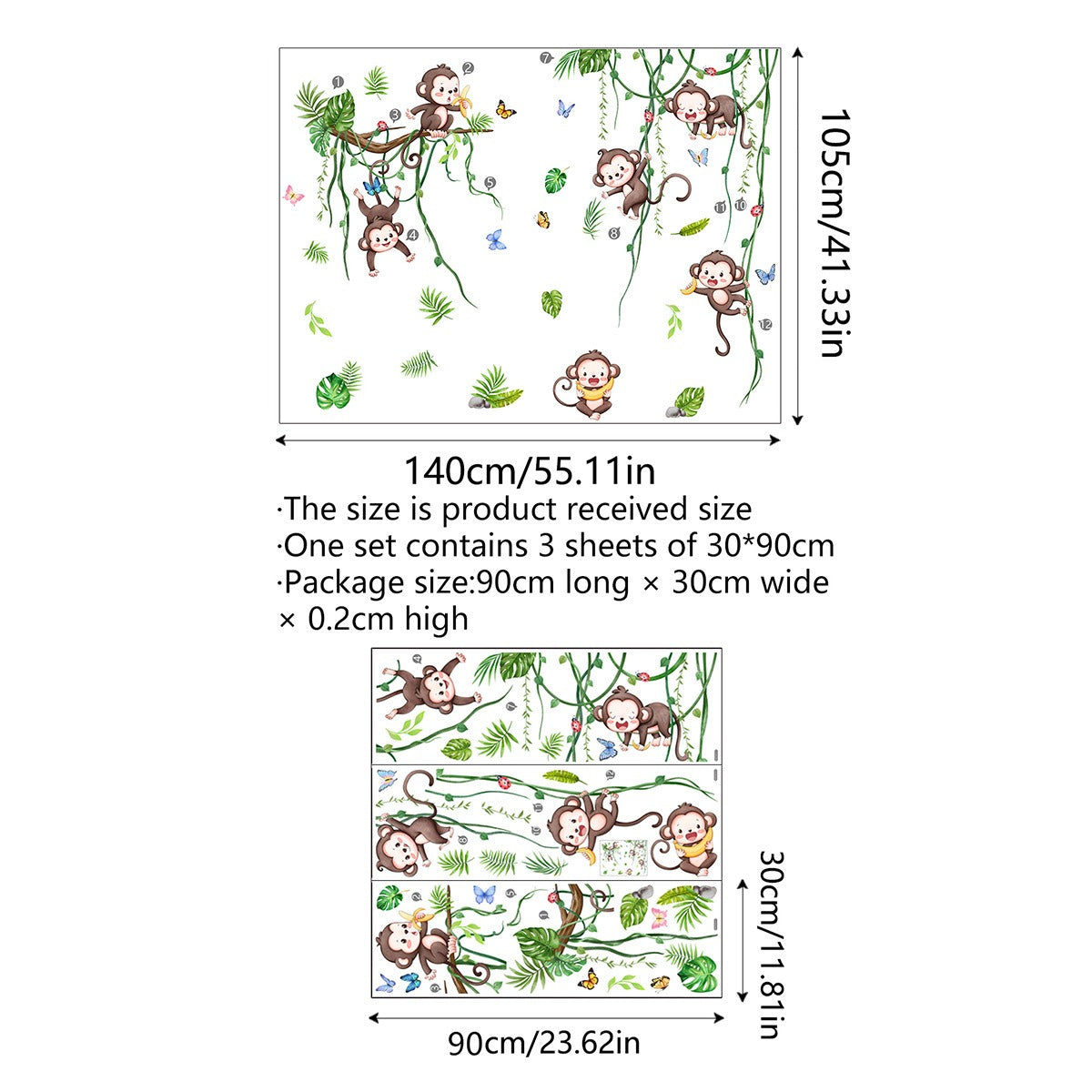 COVPAW Wall Stickers Cute Monkeys Tree Vines Kids Nursery Baby Children's Room Bedroom Deco Boy Girl, Self Adhesive, Removable and Waterproof