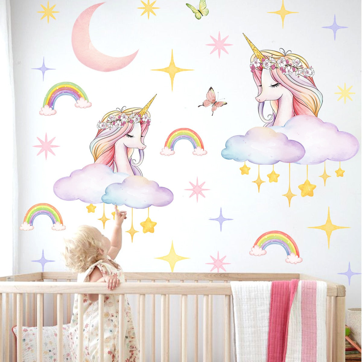 COVPAW Wall Stickers Unicorn Rainbow Star Sky Kids Nursery Baby Children's Room Bedroom Deco Boy Girl, Self Adhesive, Removable and Waterproof