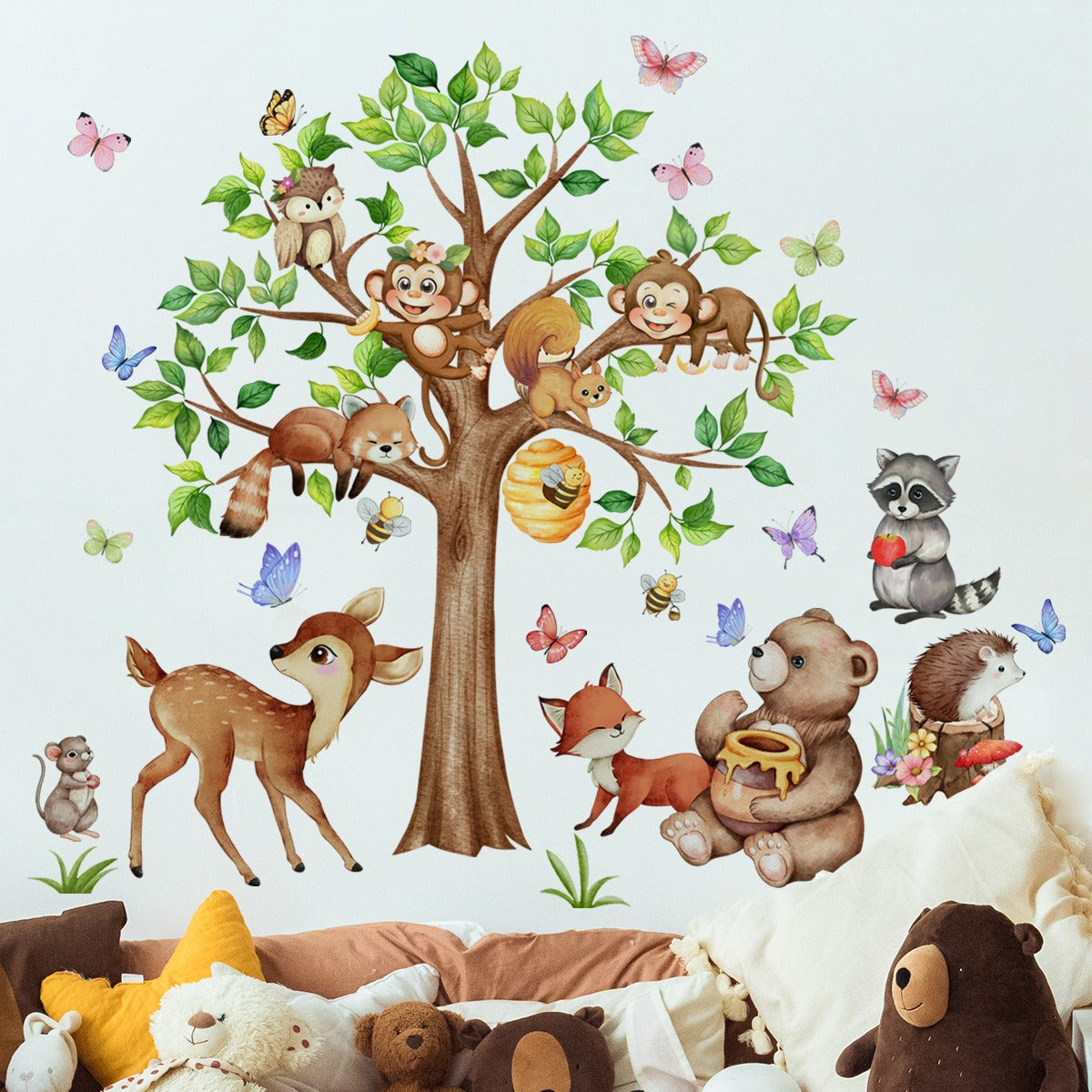 COVPAW Wandtattoo Wandaufkleber Zoo Großer Baum Affe Hirsch Bär Bienen Fuchs Eule Igel Waldtiere Kindergeschenk Wohnkultur Wohnzimmer Schlafzimmer Kinderzimmer Dekoration Wandbild Selbstklebend, Abnehmbar und Wasserfest