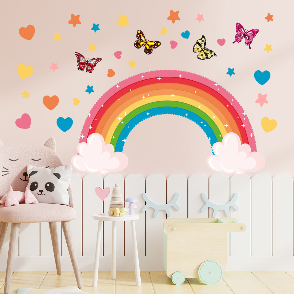 COVPAW Wall Stickers Rainbow Butterflies Heart Kids Nursery Baby Children's Room Bedroom Deco Boy Girl, Mural Wall Paintings