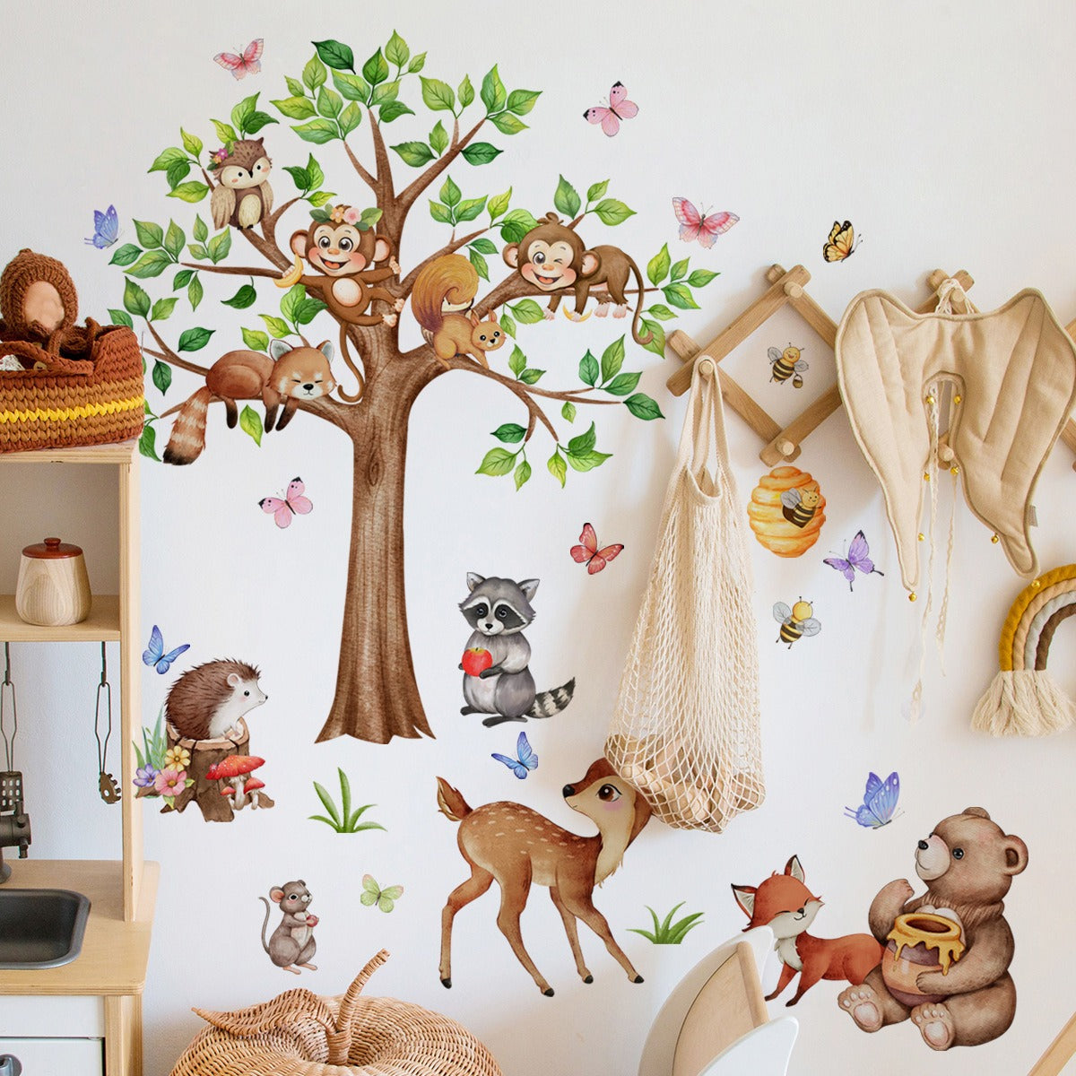 COVPAW Wandtattoo Wandaufkleber Zoo Großer Baum Affe Hirsch Bär Bienen Fuchs Eule Igel Waldtiere Kindergeschenk Wohnkultur Wohnzimmer Schlafzimmer Kinderzimmer Dekoration Wandbild Selbstklebend, Abnehmbar und Wasserfest