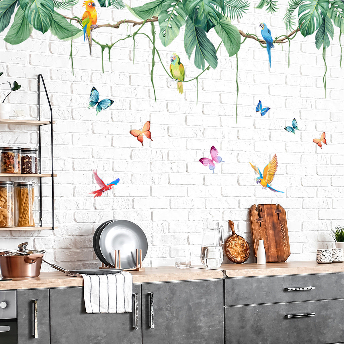 COVPAW Wall Stickers Tropical Plants Jungle Green Vine Butterfly Parrot Bird Home Decor Nature Living Room Children's Room Bedroom Deco, Self Adhesive, Removable and Waterproof