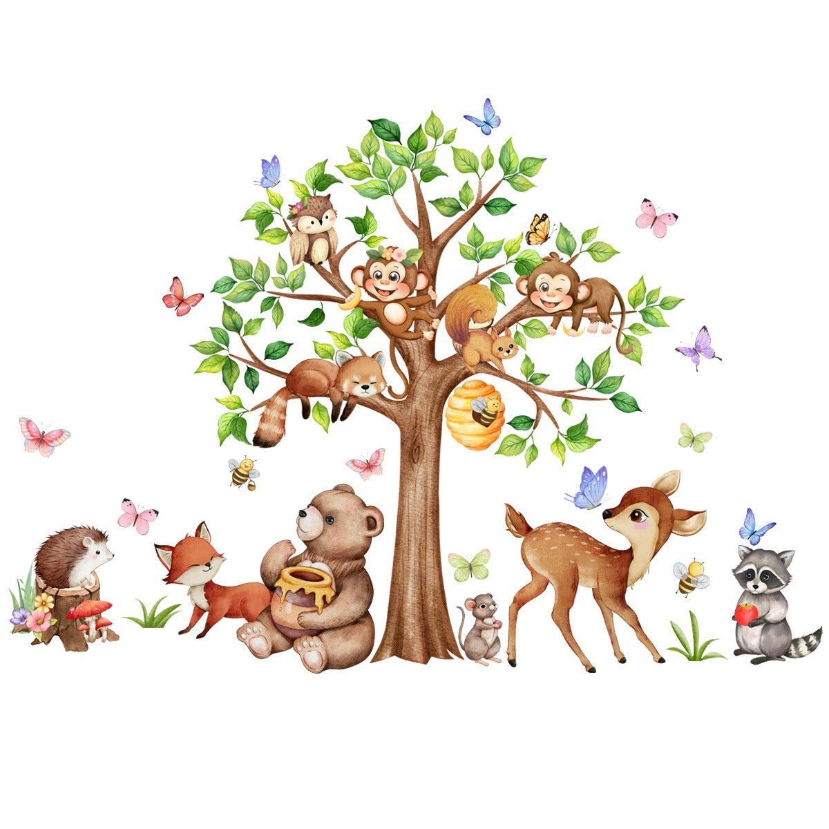 COVPAW Wandtattoo Wandaufkleber Zoo Großer Baum Affe Hirsch Bär Bienen Fuchs Eule Igel Waldtiere Kindergeschenk Wohnkultur Wohnzimmer Schlafzimmer Kinderzimmer Dekoration Wandbild Selbstklebend, Abnehmbar und Wasserfest