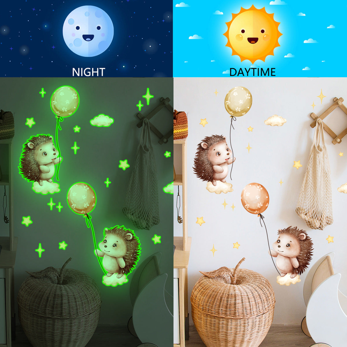 COVPAW Wall Stickers Luminous Hedgehog Balloons Kids Nursery Baby Children's Room Bedroom etc Deco Boy Girl Removable Waterproof
