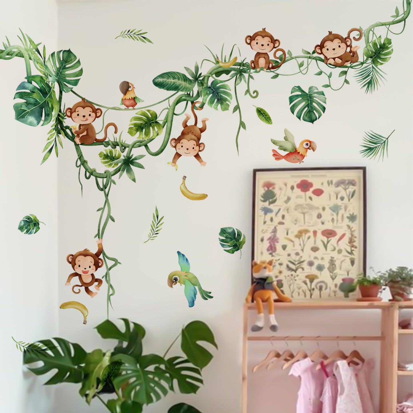 COVPAW Wall Stickers Monkeys Tropical Tree Vines Forest Animals Kids Nursery Baby Children's Room Bedroom Deco Boy Girl, Self Adhesive, Removable and Waterproof