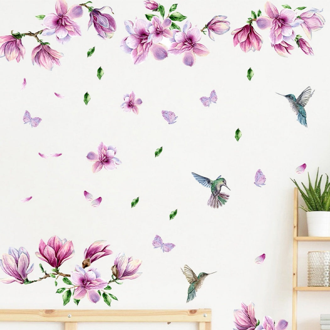 COVPAW Wandtattoo Wandaufkleber Magnolienblüten Blumenranken Vögel Wandbild Wandgemälde Natur Home Office Dekor Wohnzimmer Schlafzimmer Kinderzimmer Dekoration Selbstklebend, Abnehmbar und Wasserfest