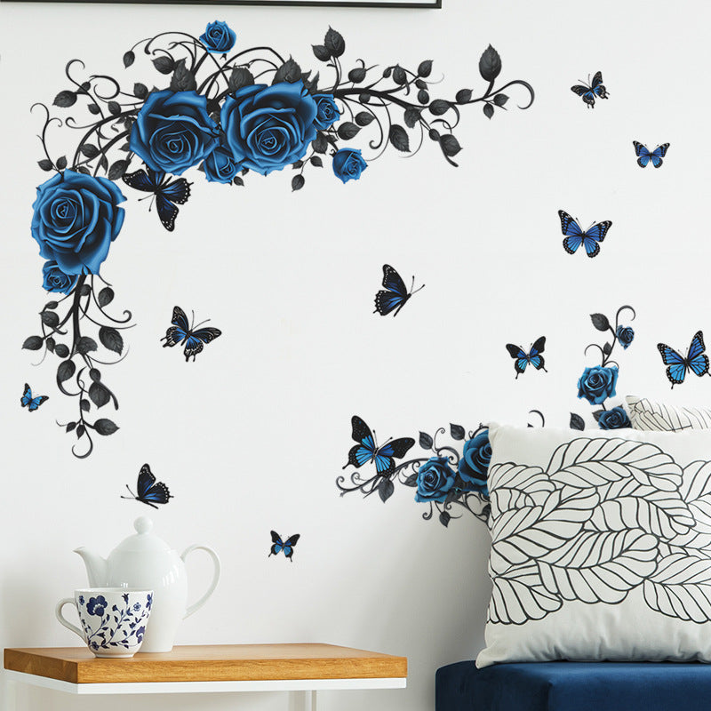 COVPAW Wall Stickers Flower Blue Rose Vine Butterfly Nature Living Room Children's Room Bedroom Deco, Self Adhesive, Removable and Waterproof