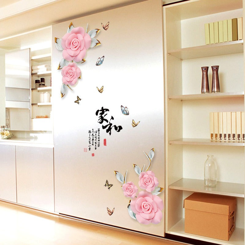 COVPAW Wall Sticker & Mural Rose Vine Pink Home Decor Accent Living Room Bedroom Flower Wall Decal Corridor Stair Removable