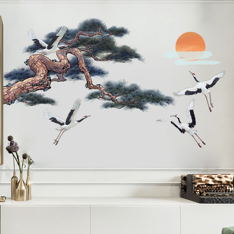 COVPAW Wall Stickers Crane and Pine Tree Sun Chinese Style Mural Wall Painting Home Office Wall Decor Living Room Bedroom Children's Room Decoration Halloween Self Adhesive