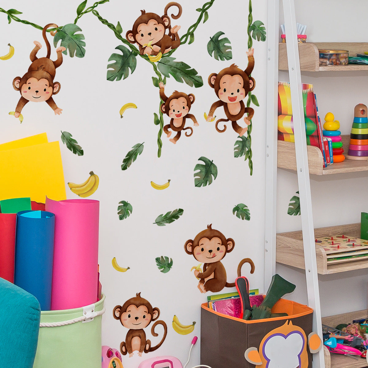 COVPAW Wall Stickers Monkeys Tree Vines Kids Nursery Baby Children's Room Bedroom Deco Boy Girl, Self Adhesive, Removable and Waterproof