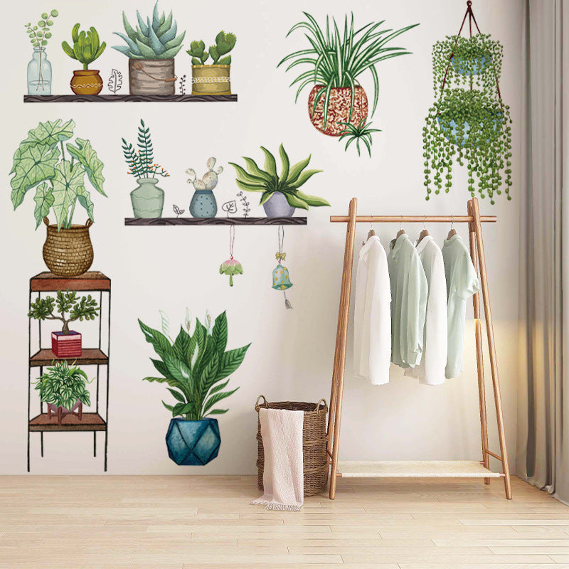 COVPAW Wall Stickers Potted Plants Green Leaves Flowers Butterflies Nature Home Office Decor Living Room Bedroom Children's Room Decoration Yoga, Self Adhesive, Removable and Waterproof