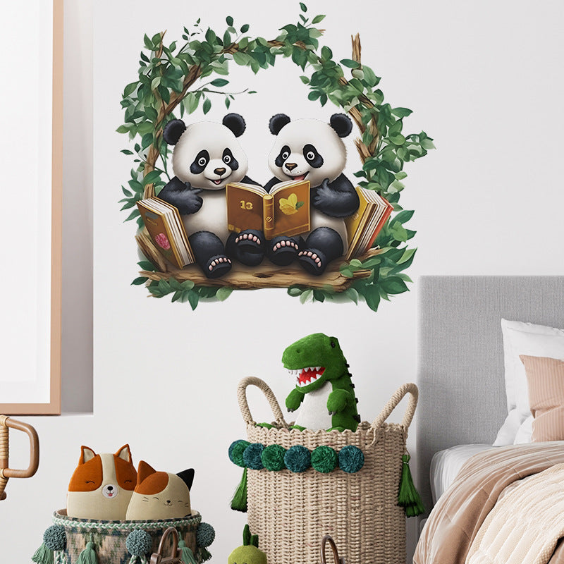 COVPAW Wall Stickers 2 Pandas read Book Kids Nursery Baby Children's Room Bedroom etc Deco Boy Girl Removable Waterproof