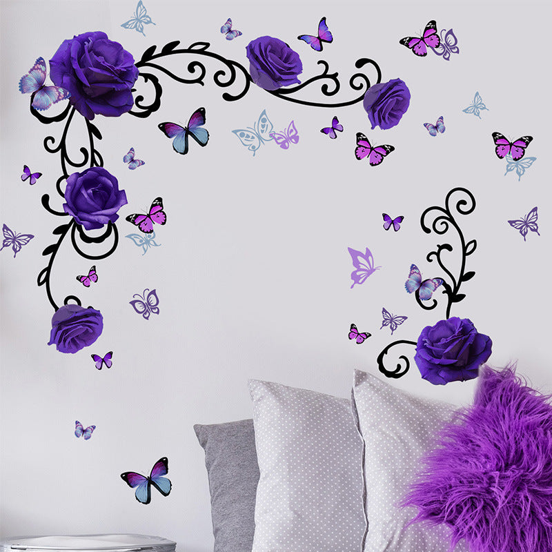 COVPAW Wandtattoo Wandaufkleber, lila Rose, Blumenranke, Schmetterling, Heimdekoration, Natur, Wohnzimmer, Kinderzimmer, Schlafzimmer, Deko, selbstklebend, entfernbar und wasserfest