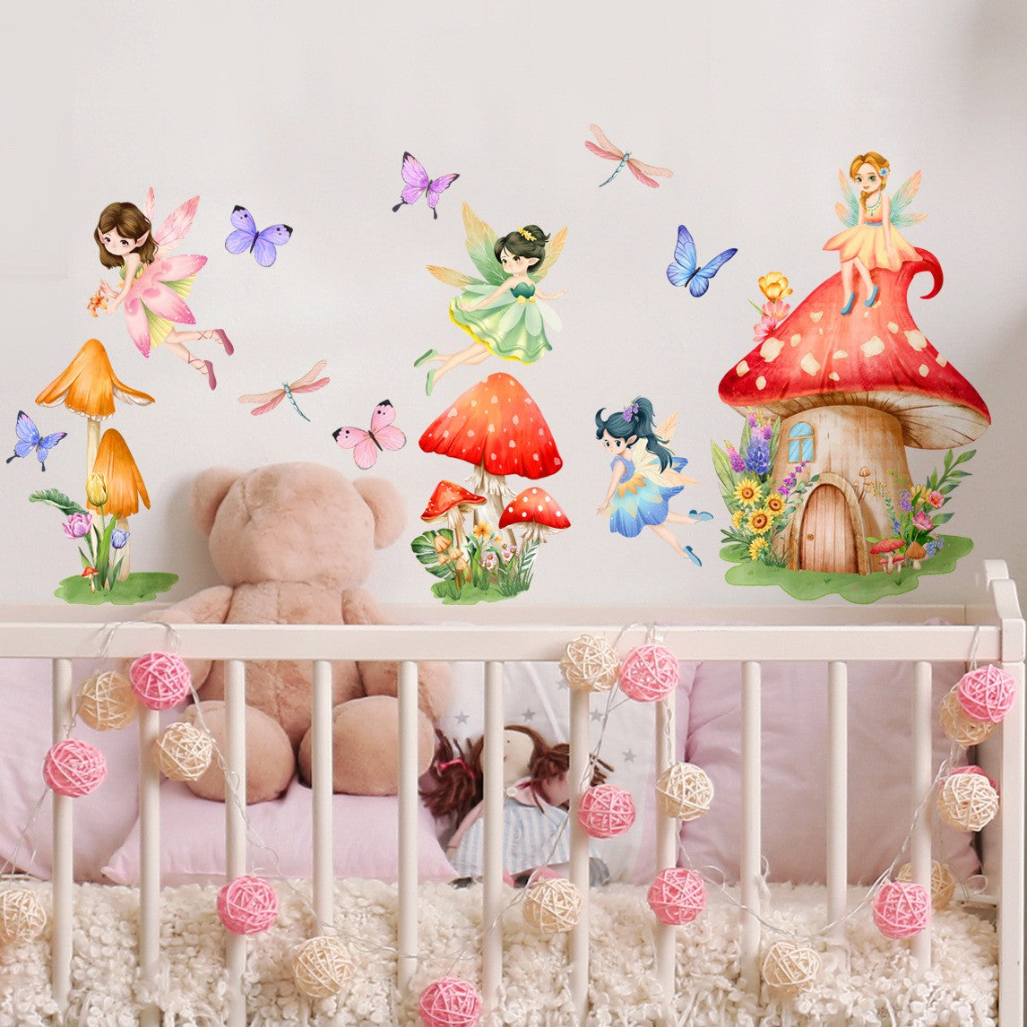 COVPAW Wandtattoo Wandaufkleber Pilz Elfe Engel Schmetterling Kinderzimmer Baby Kinderzimmer Schlafzimmer Deko Junge Mädchen, selbstklebend, entfernbar und wasserfest