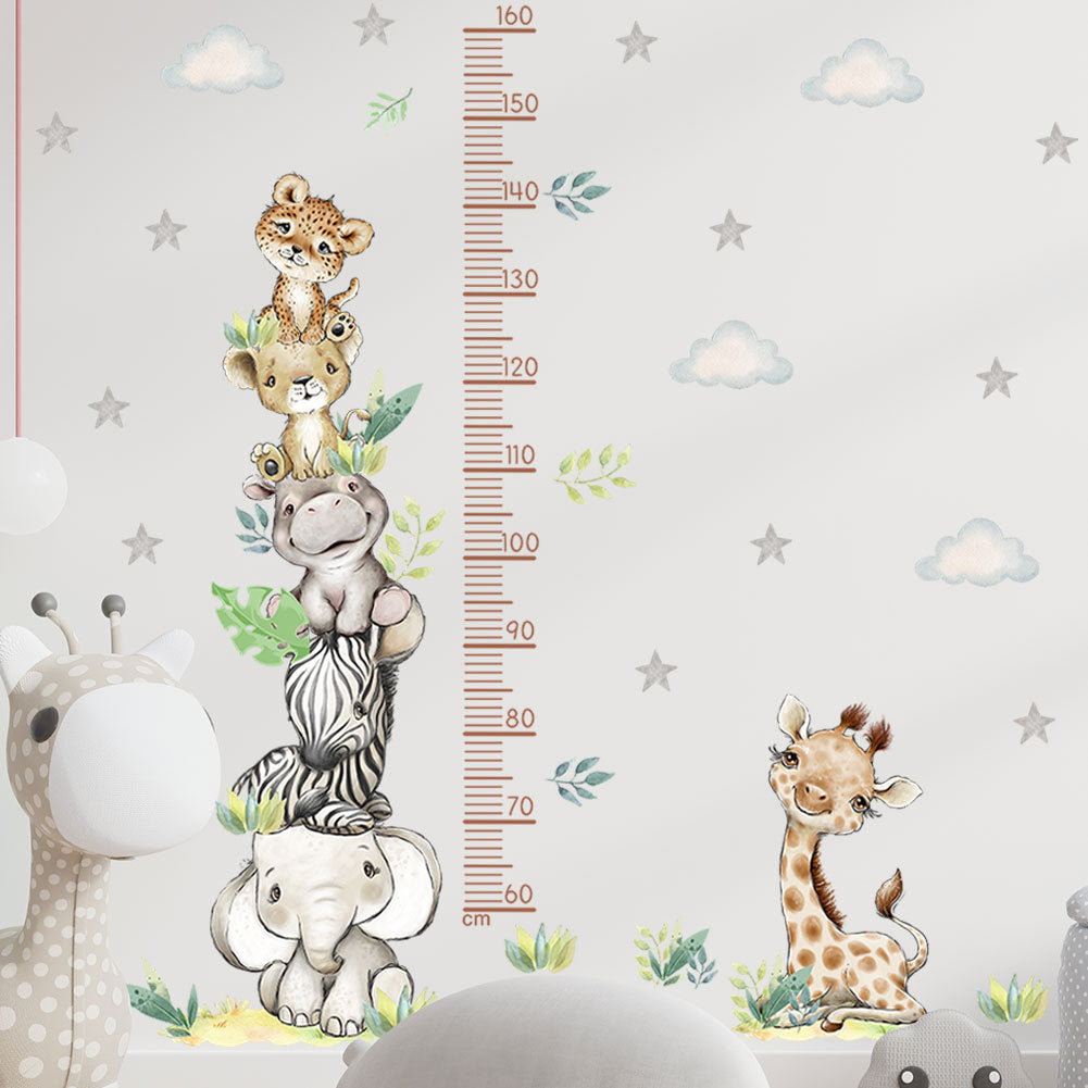 COVPAW Wall Stickers Height Measure Animal Tower Cloud Kids Nursery Baby Children's Room Bedroom Deco Boy Girl, Self Adhesive, Removable and Waterproof Giraffes, Elephants, Lions, Hippos, Zebras