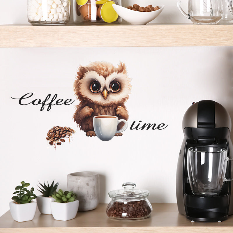 COVPAW Wandtattoo Wandaufkleber „Kaffee-EULE“, Café, Kaffeezeit, Kaffeebohne, Cappuccino, Latte Macchiato, Espresso, Geschenk, Heimdekoration, Akzent, Wohnzimmer, Küche, Schlafzimmer, Blumen-Wandaufkleber, abnehmbar und wasserfest