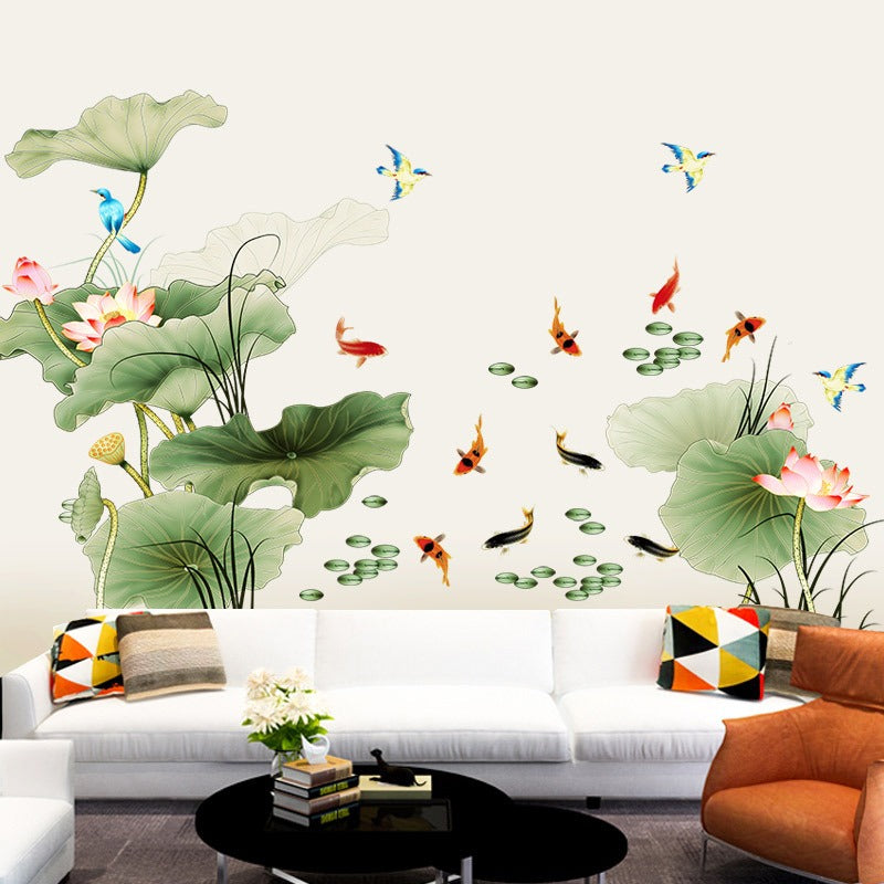 COVPAW Huge Wall Stickers Lotus Pond Fish Flower Pink Purple Home Decor Lobby All Room Decal Removable Living Room Bedroom Corridor Stair