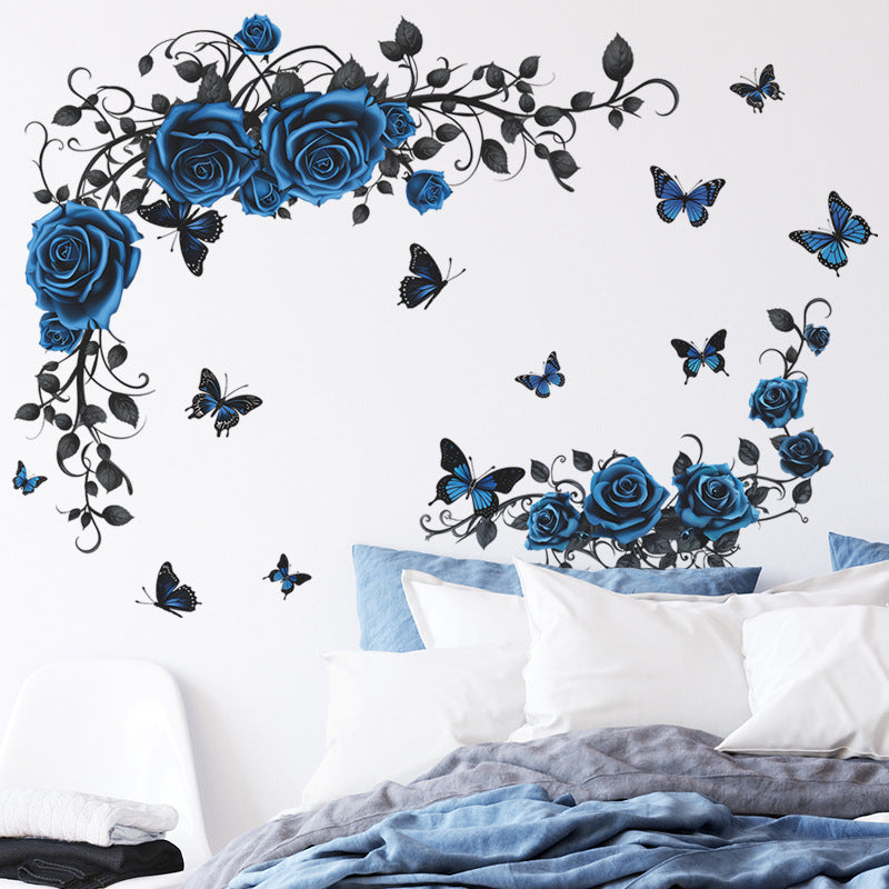 COVPAW Wall Stickers Flower Blue Rose Vine Butterfly Nature Living Room Children's Room Bedroom Deco, Self Adhesive, Removable and Waterproof