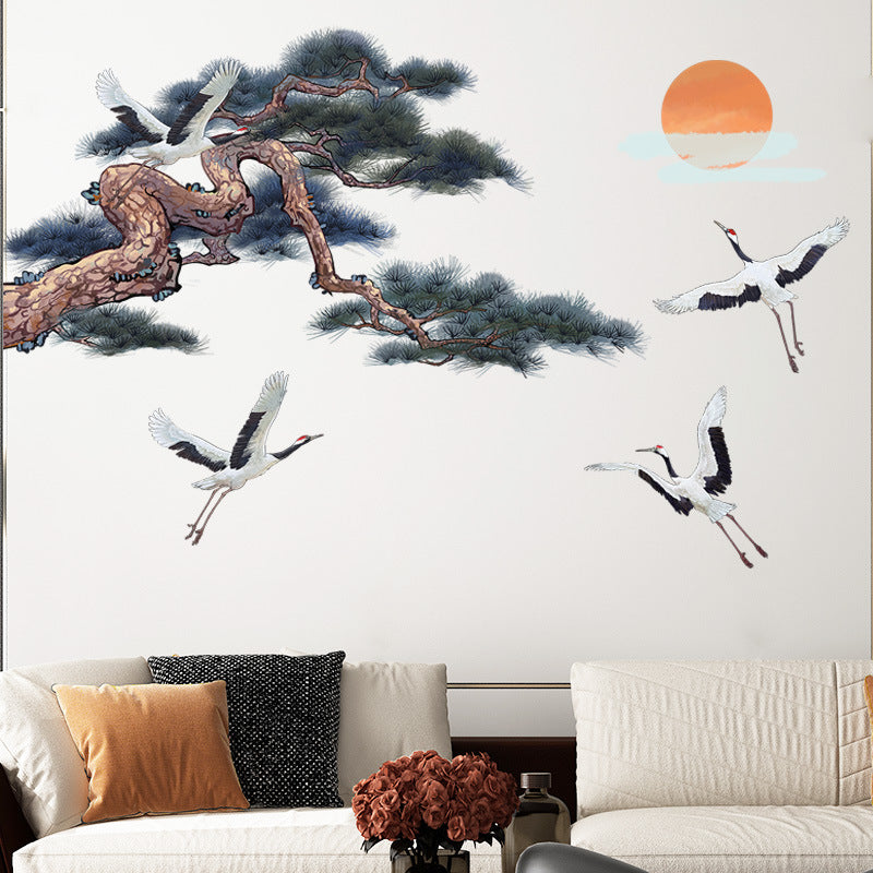 COVPAW Wall Stickers Crane and Pine Tree Sun Chinese Style Mural Wall Painting Home Office Wall Decor Living Room Bedroom Children's Room Decoration Halloween Self Adhesive