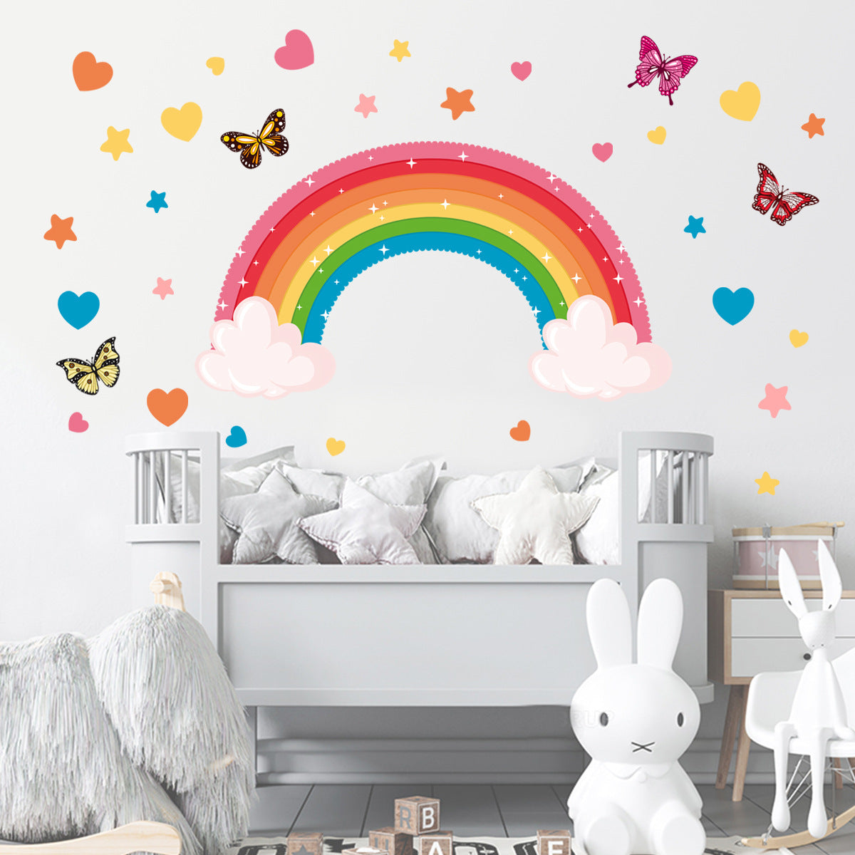 COVPAW Wall Stickers Rainbow Butterflies Heart Kids Nursery Baby Children's Room Bedroom Deco Boy Girl, Mural Wall Paintings