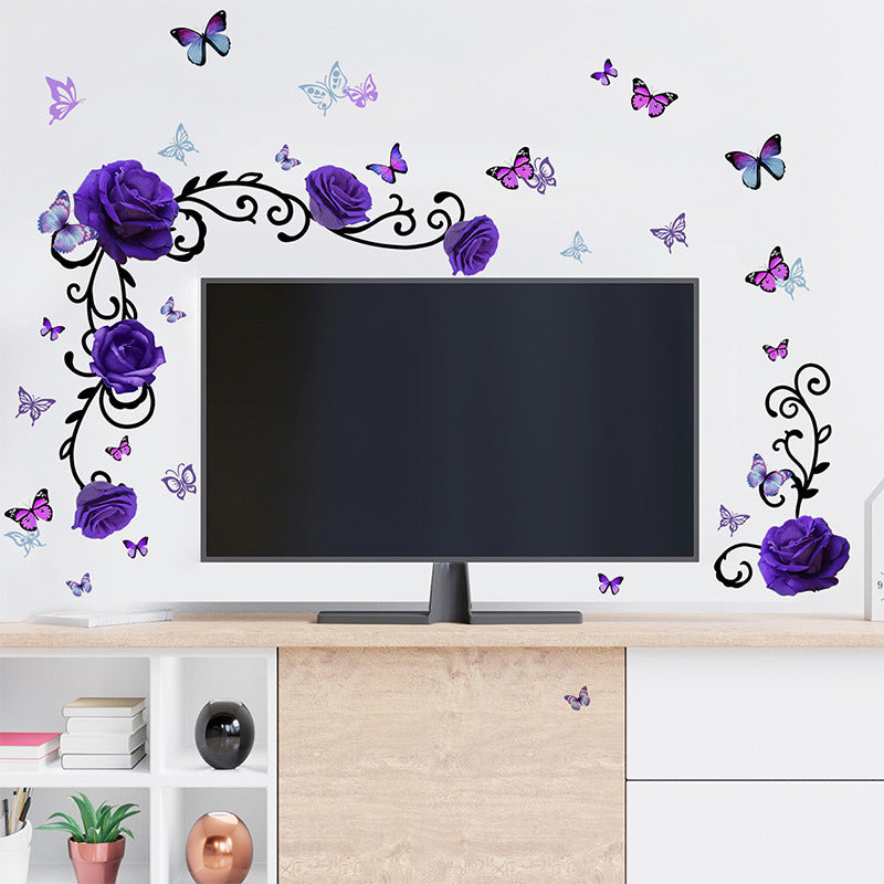 COVPAW Wandtattoo Wandaufkleber, lila Rose, Blumenranke, Schmetterling, Heimdekoration, Natur, Wohnzimmer, Kinderzimmer, Schlafzimmer, Deko, selbstklebend, entfernbar und wasserfest