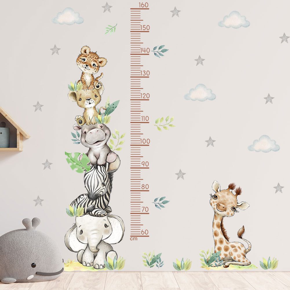 COVPAW Wall Stickers Height Measure Animal Tower Cloud Kids Nursery Baby Children's Room Bedroom Deco Boy Girl, Self Adhesive, Removable and Waterproof Giraffes, Elephants, Lions, Hippos, Zebras