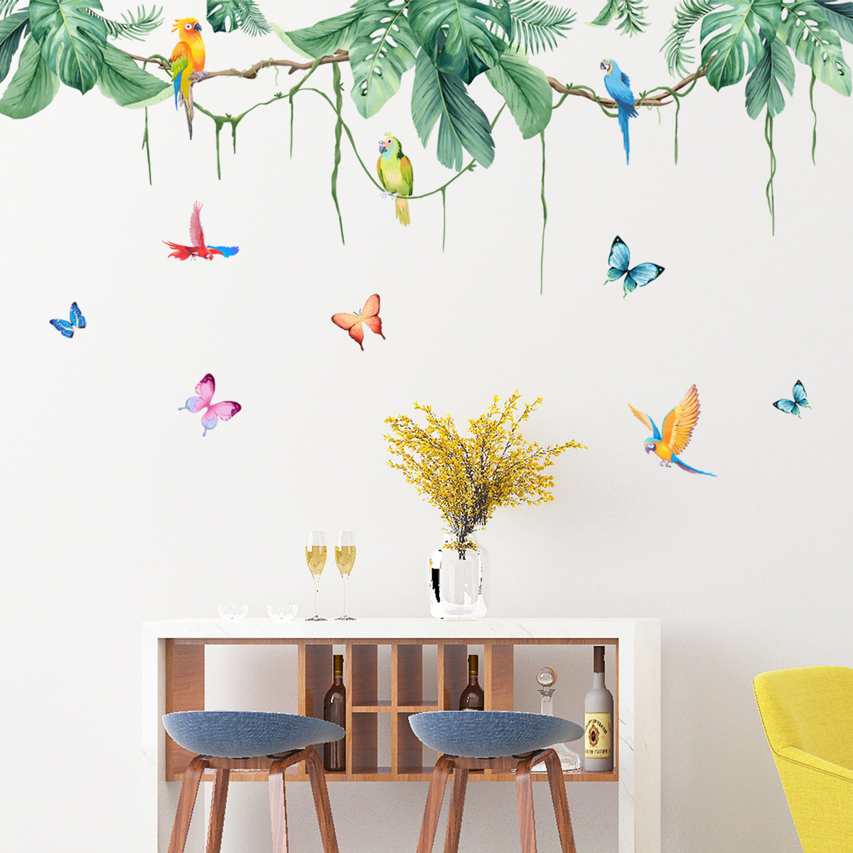 COVPAW Wall Stickers Tropical Plants Jungle Green Vine Butterfly Parrot Bird Home Decor Nature Living Room Children's Room Bedroom Deco, Self Adhesive, Removable and Waterproof