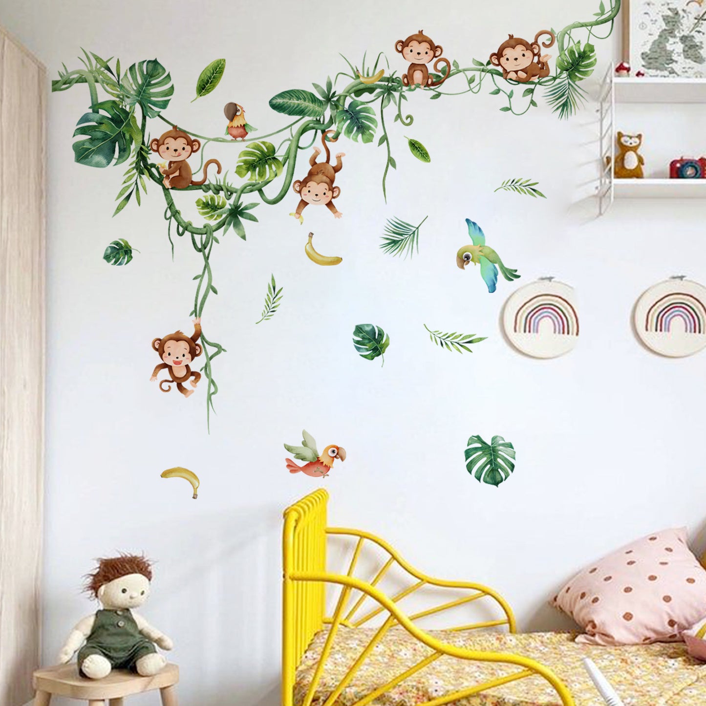 COVPAW Wall Stickers Monkeys Tropical Tree Vines Forest Animals Kids Nursery Baby Children's Room Bedroom Deco Boy Girl, Self Adhesive, Removable and Waterproof