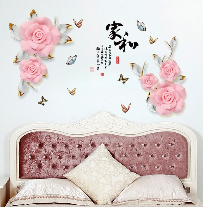 COVPAW Wall Sticker & Mural Rose Vine Pink Home Decor Accent Living Room Bedroom Flower Wall Decal Corridor Stair Removable