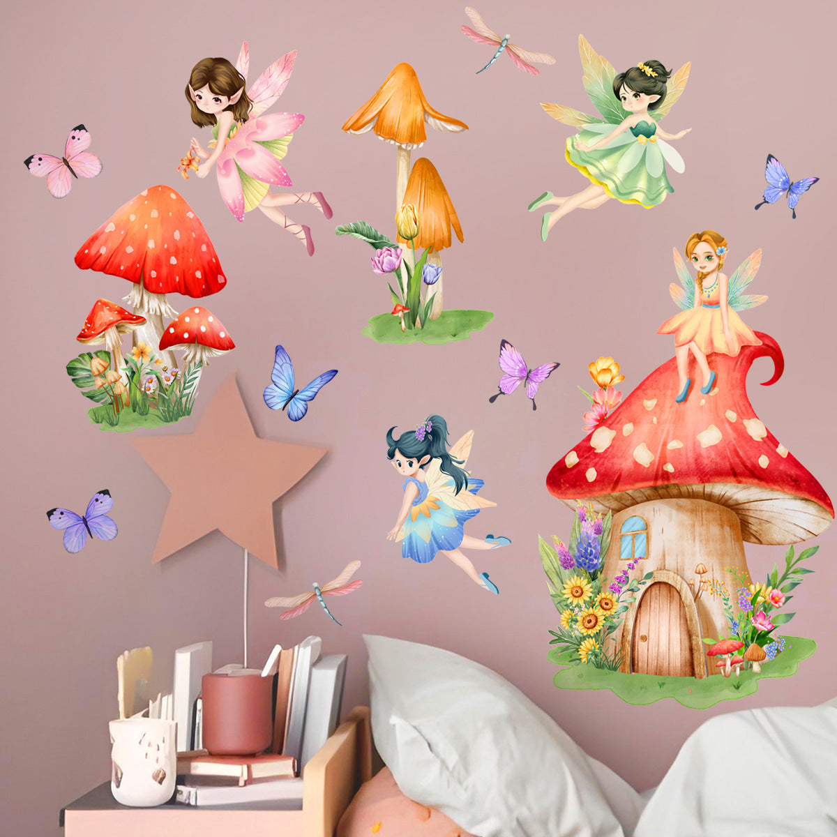 COVPAW Wandtattoo Wandaufkleber Pilz Elfe Engel Schmetterling Kinderzimmer Baby Kinderzimmer Schlafzimmer Deko Junge Mädchen, selbstklebend, entfernbar und wasserfest