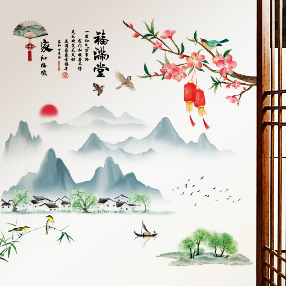 COVPAW Wall Sticker & Mural Chinese Style Landscape Mountain Lake Peach Blossom Home Decor Accent Living Room Bedroom Flower Wall Decal Corridor Stair Removable and Waterproof