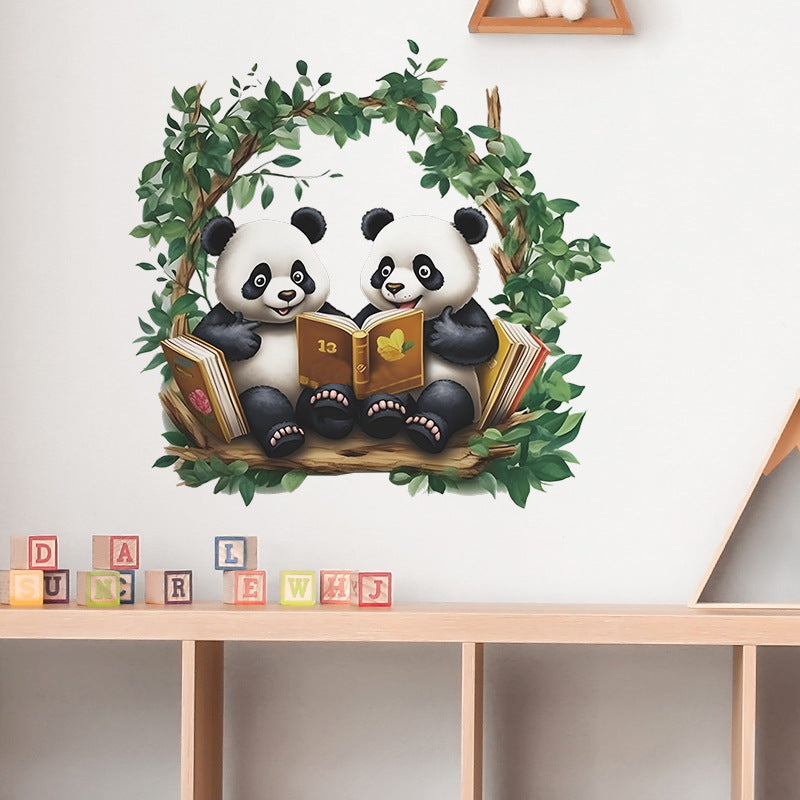 COVPAW Wall Stickers 2 Pandas read Book Kids Nursery Baby Children's Room Bedroom etc Deco Boy Girl Removable Waterproof