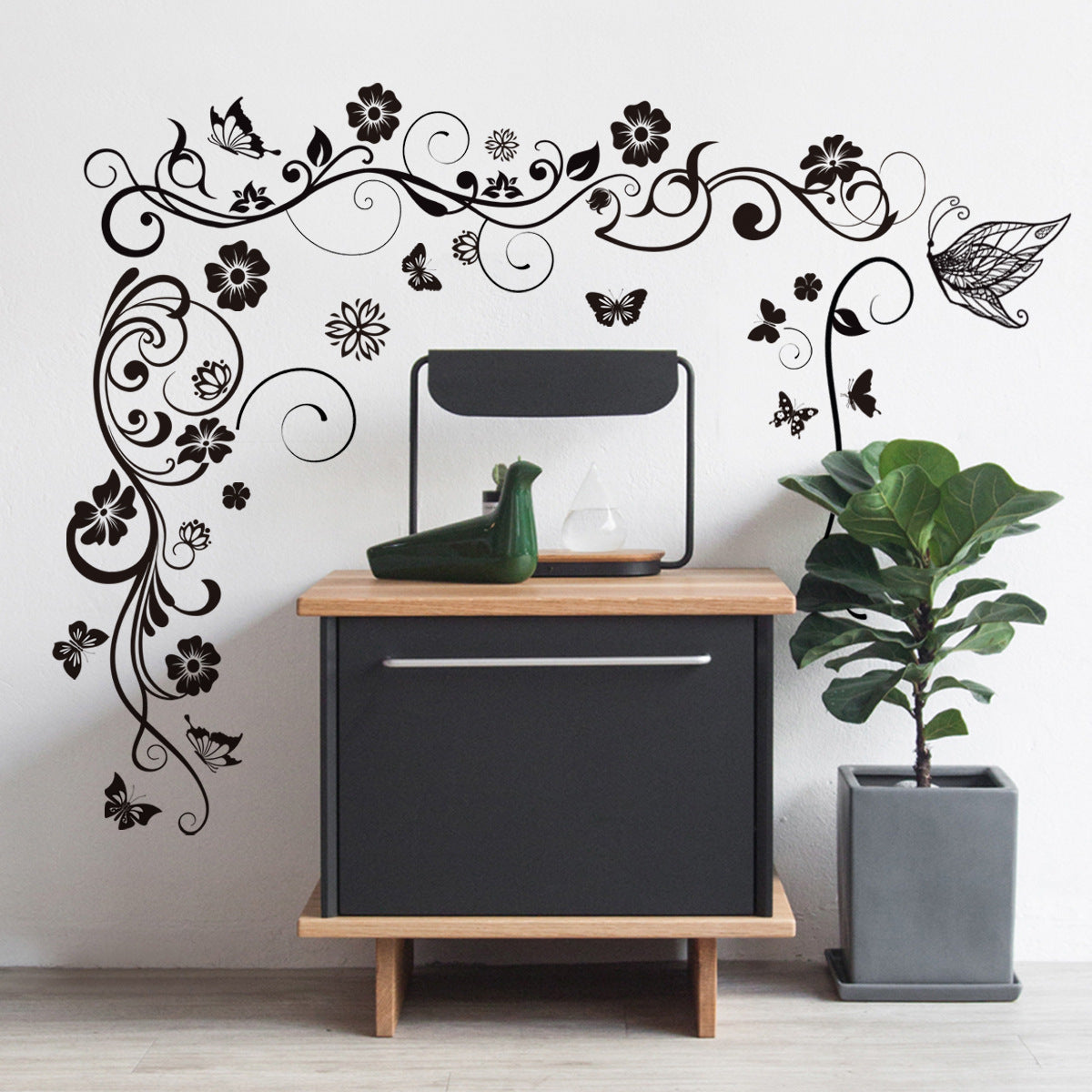 COVPAW Wall Stickers Black Flower Vine Butterfly Nature Home Office Decor Living Room Bedroom Children's Room Decoration Self Adhesive, Removable and Waterproof