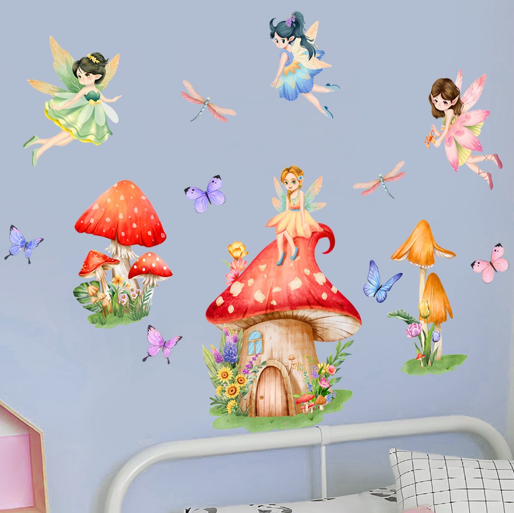 COVPAW Wandtattoo Wandaufkleber Pilz Elfe Engel Schmetterling Kinderzimmer Baby Kinderzimmer Schlafzimmer Deko Junge Mädchen, selbstklebend, entfernbar und wasserfest