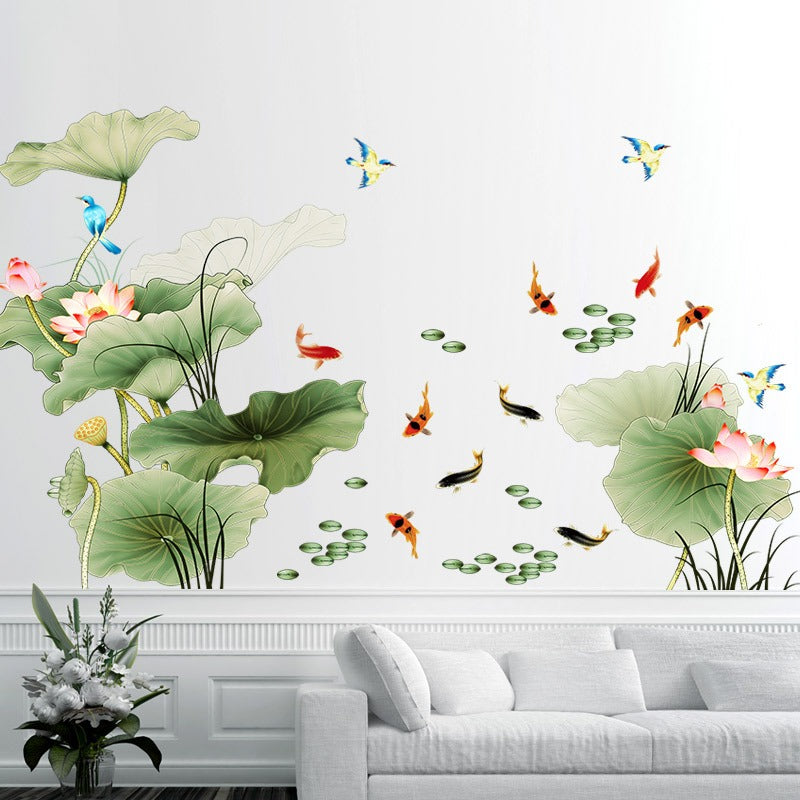 COVPAW Huge Wall Stickers Lotus Pond Fish Flower Pink Purple Home Decor Lobby All Room Decal Removable Living Room Bedroom Corridor Stair