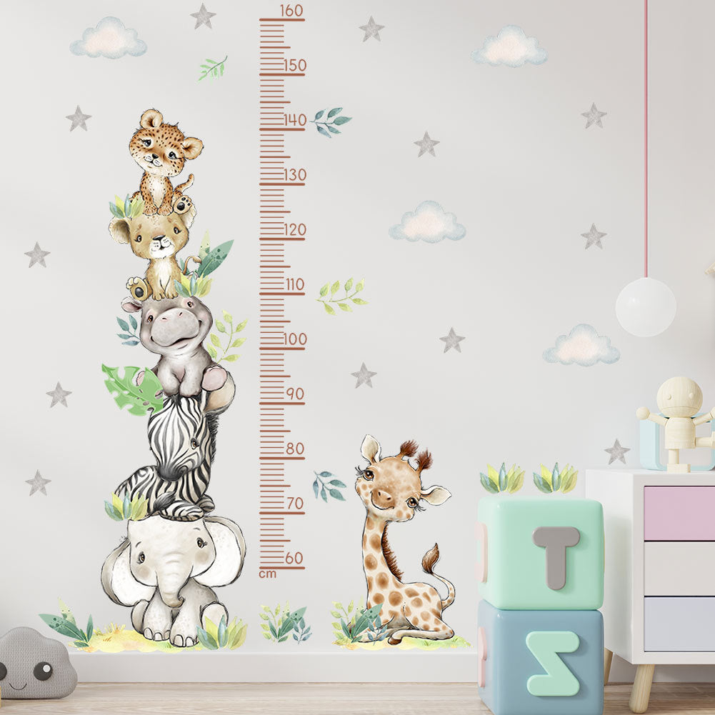 COVPAW Wall Stickers Height Measure Animal Tower Cloud Kids Nursery Baby Children's Room Bedroom Deco Boy Girl, Self Adhesive, Removable and Waterproof Giraffes, Elephants, Lions, Hippos, Zebras