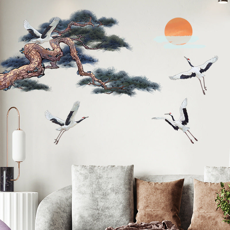 COVPAW Wall Stickers Crane and Pine Tree Sun Chinese Style Mural Wall Painting Home Office Wall Decor Living Room Bedroom Children's Room Decoration Halloween Self Adhesive