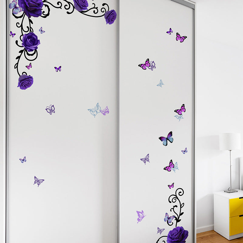COVPAW Wandtattoo Wandaufkleber, lila Rose, Blumenranke, Schmetterling, Heimdekoration, Natur, Wohnzimmer, Kinderzimmer, Schlafzimmer, Deko, selbstklebend, entfernbar und wasserfest