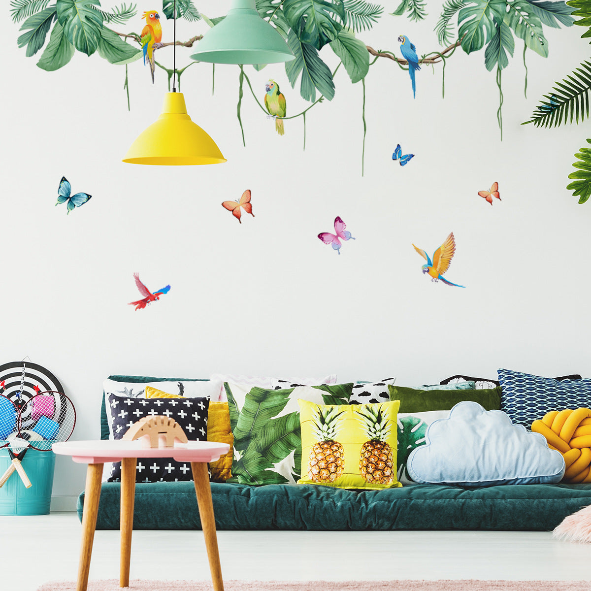 COVPAW Wall Stickers Tropical Plants Jungle Green Vine Butterfly Parrot Bird Home Decor Nature Living Room Children's Room Bedroom Deco, Self Adhesive, Removable and Waterproof