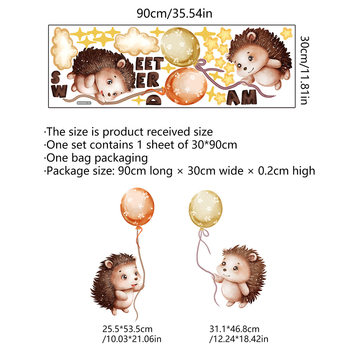 Wall Stickers Hedgehog Balloons Kids Nursery Baby Children's Room Bedroom etc Deco Boy Girl Removable Waterproof