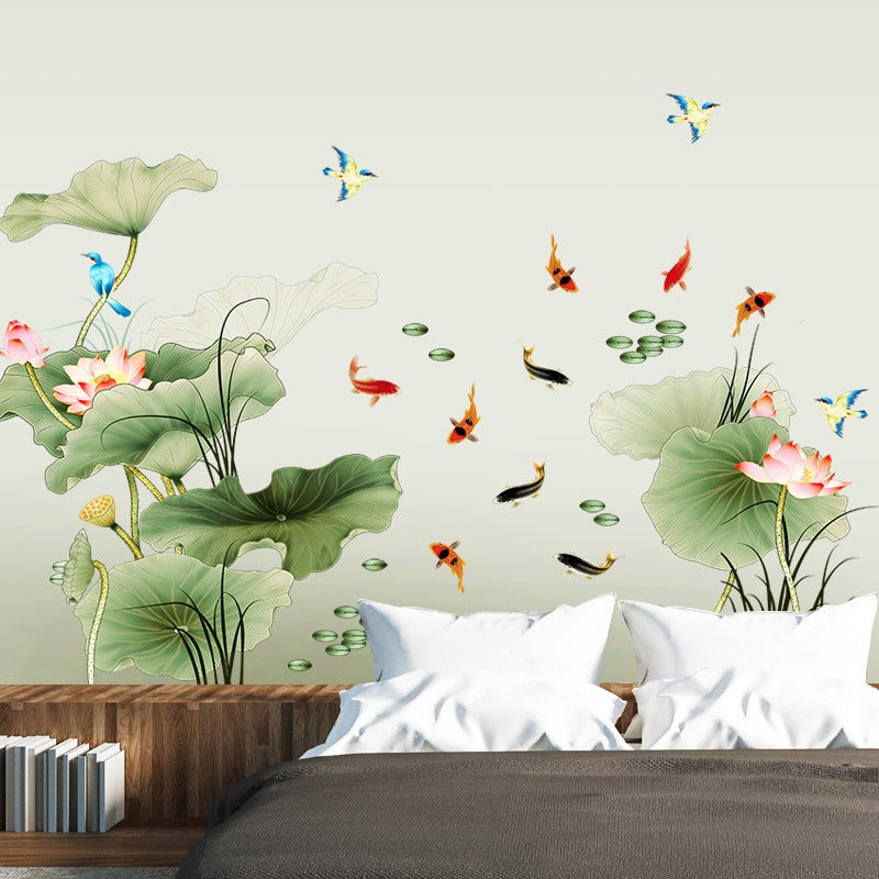 COVPAW Huge Wall Stickers Lotus Pond Fish Flower Pink Purple Home Decor Lobby All Room Decal Removable Living Room Bedroom Corridor Stair