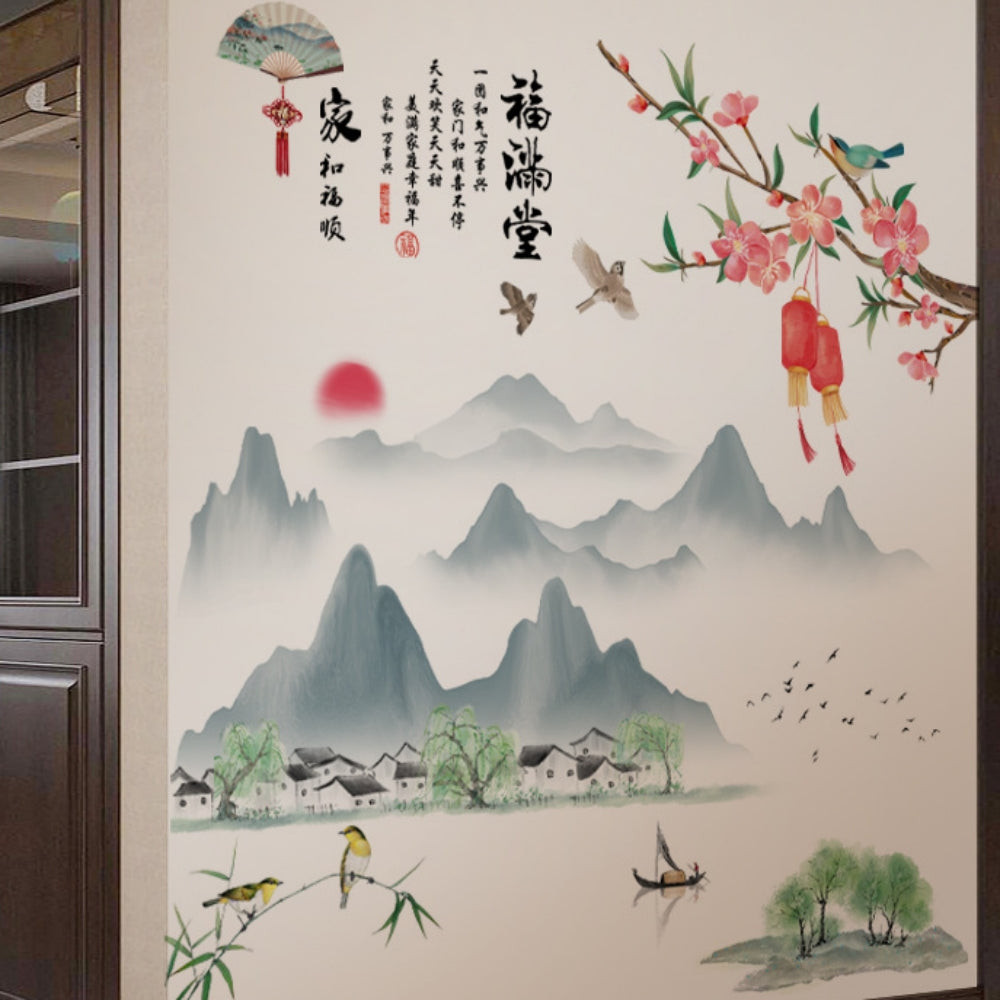 COVPAW Wall Sticker & Mural Chinese Style Landscape Mountain Lake Peach Blossom Home Decor Accent Living Room Bedroom Flower Wall Decal Corridor Stair Removable and Waterproof